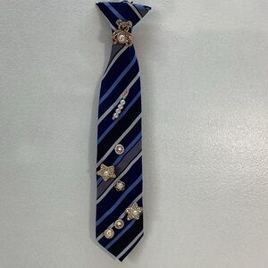 Clip-On Junky Tie: Luxury Striped Blue and Black Tie with Embellishments